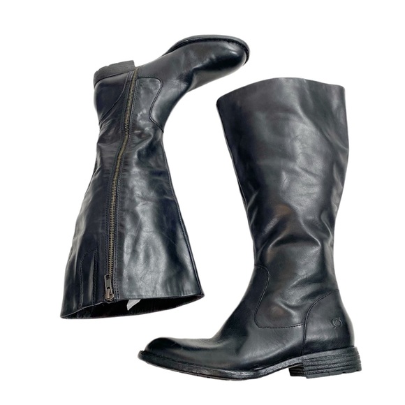 BORN Low Heel Round Toe Black Leather Wide Calf Tall Boots - Picture 6 of 9